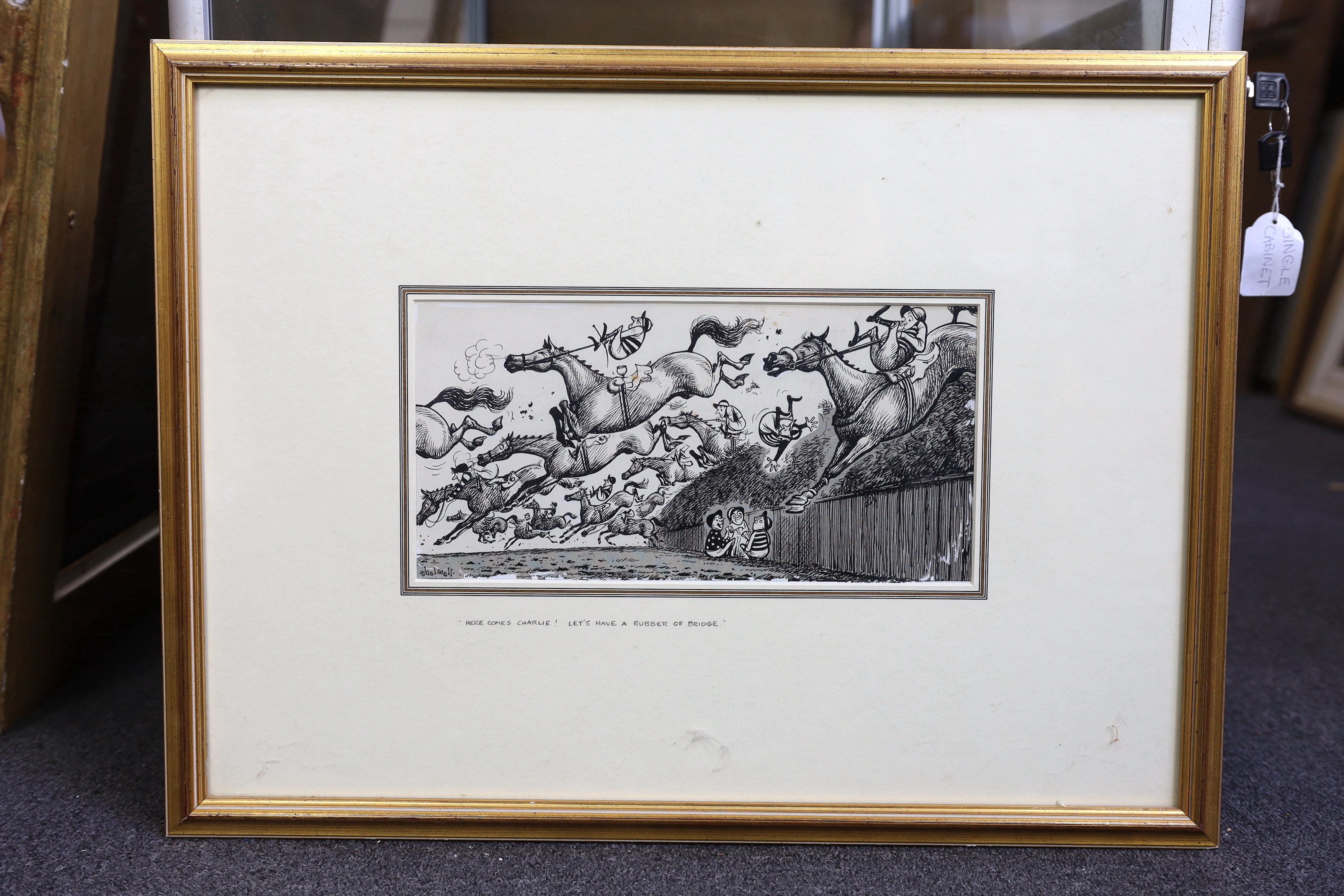 Norman Thelwell (English, 1923-2004), 'Here comes Charlie! let's have a rubber of bridge', pen and ink with zipatone and crayon, 15.5 x 31cm